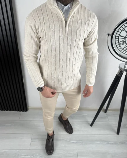 Muški debeli džemper sa zipom 8024 bež